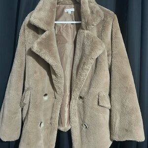 Women's Plush Teddy Coat in Tan - Double-Breasted Faux Fur Jacket